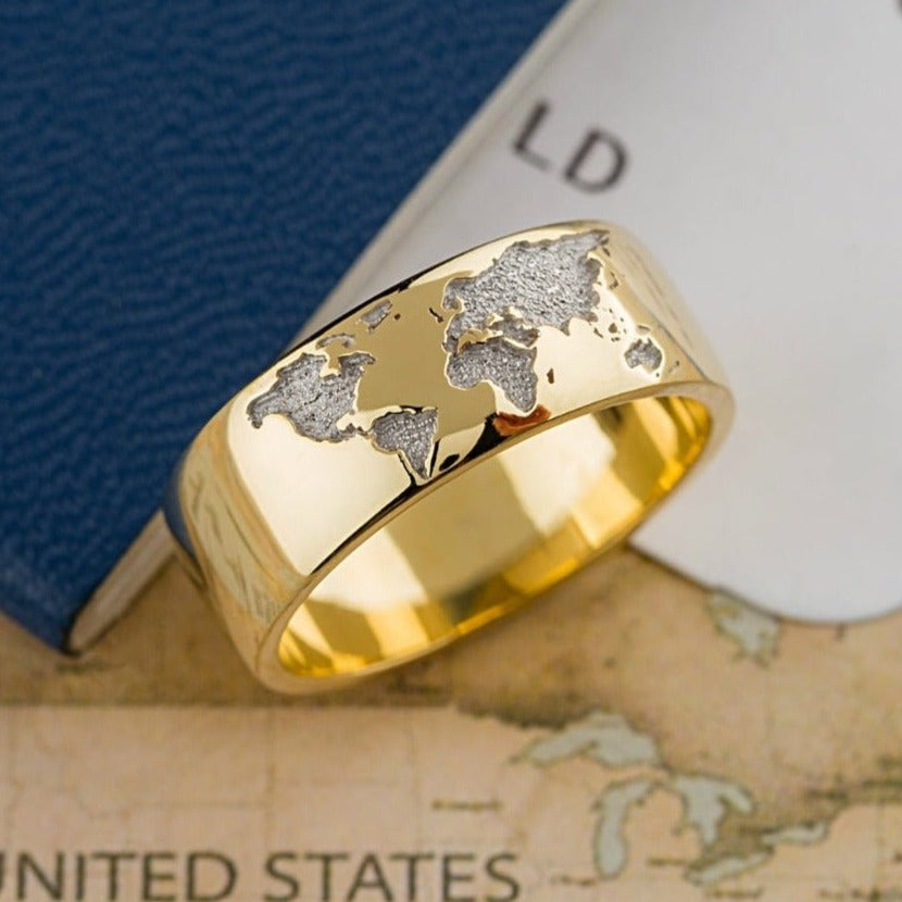 World map ring - 14k gold band - gold bands - gold rings - escorialjewelry