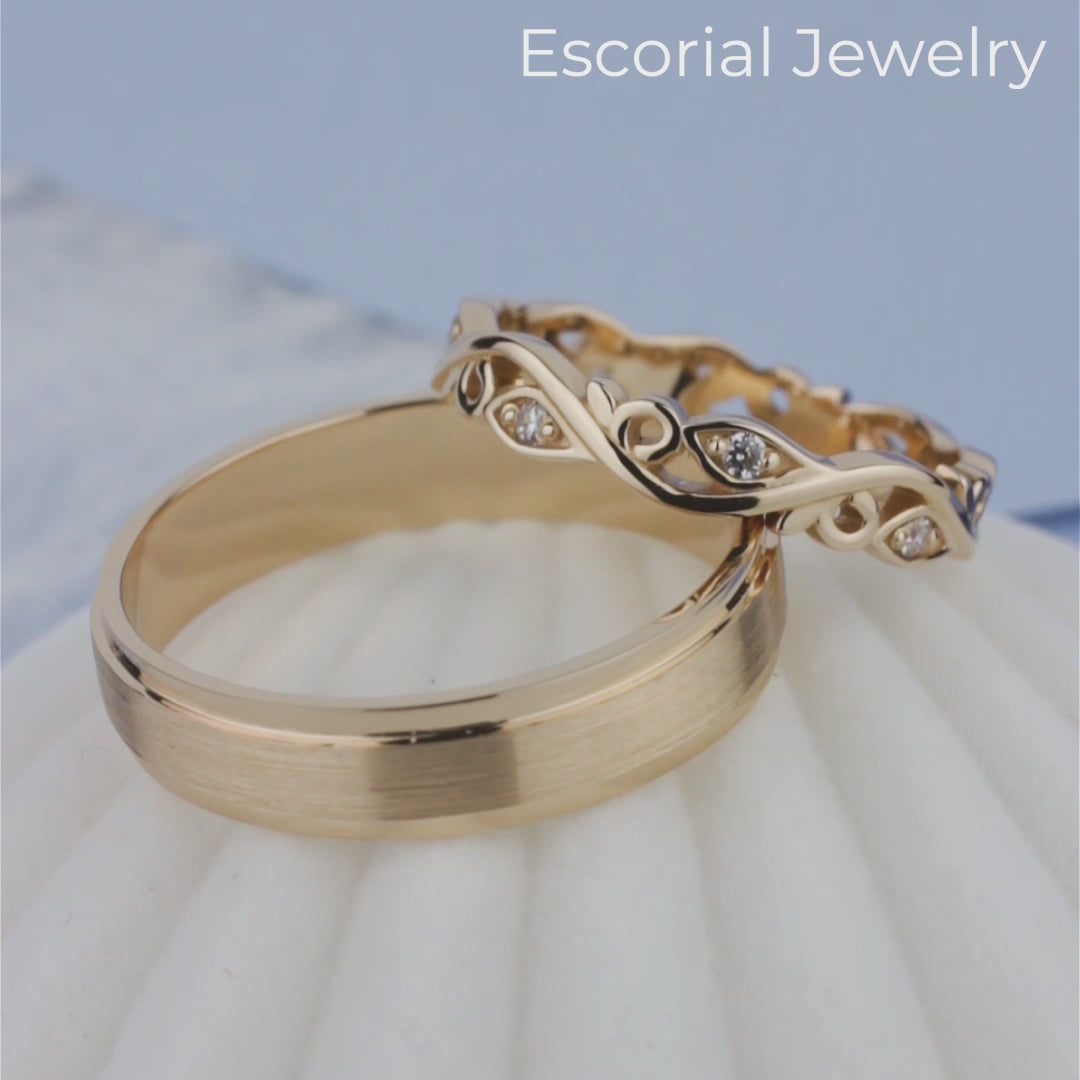 His and hers wedding bands set. Couple wedding bands. Unique wedding bands. Boho wedding rings. Rustic wedding bands. Floral wedding bands.