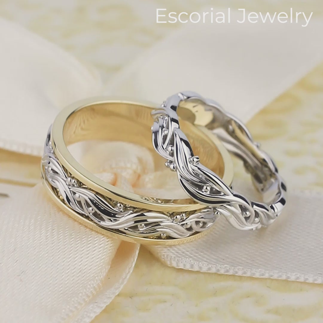 Unique wedding bands set. His and hers wedding rings. Gold wedding rings. Vine wedding rings. His and her wedidng rings. Matching bands set. Vintage style wedding bands