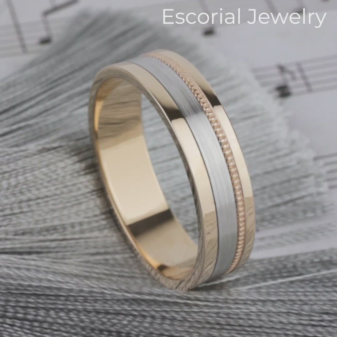 Two-tone gold mens wedding band. Ring for men. Mens wedding ring two tone. Male wedding band. Mens gold ring. Gold wedding band for men.