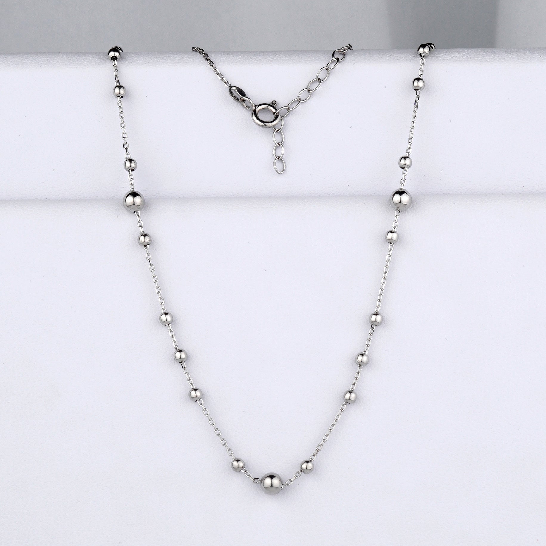 White gold beaded necklace-Chain length: 42 + 3 cm-Delicate gold Chain Necklace