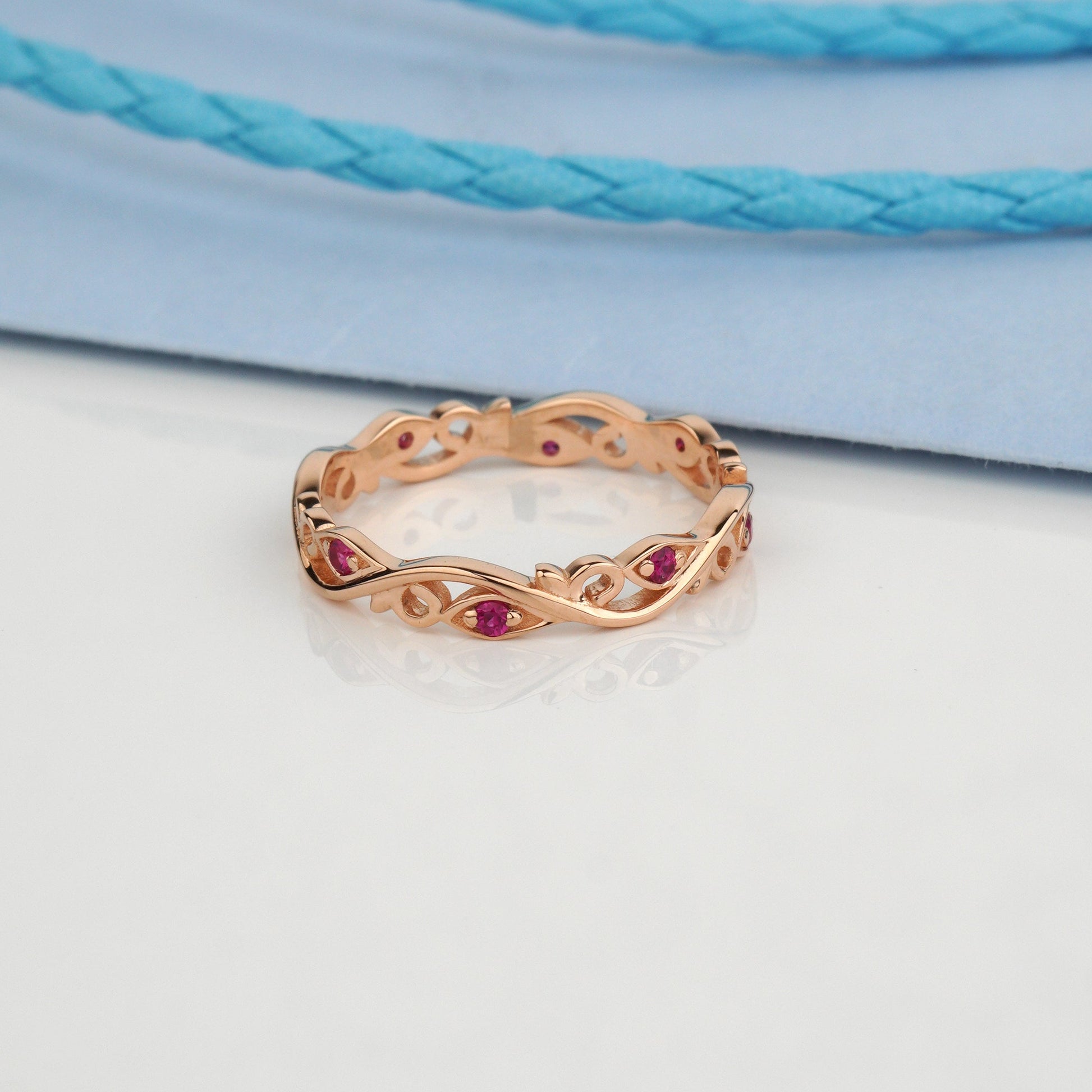 Rose gold ring with gemstones- 3.5 mm wide-natural rubies 0.12 ct