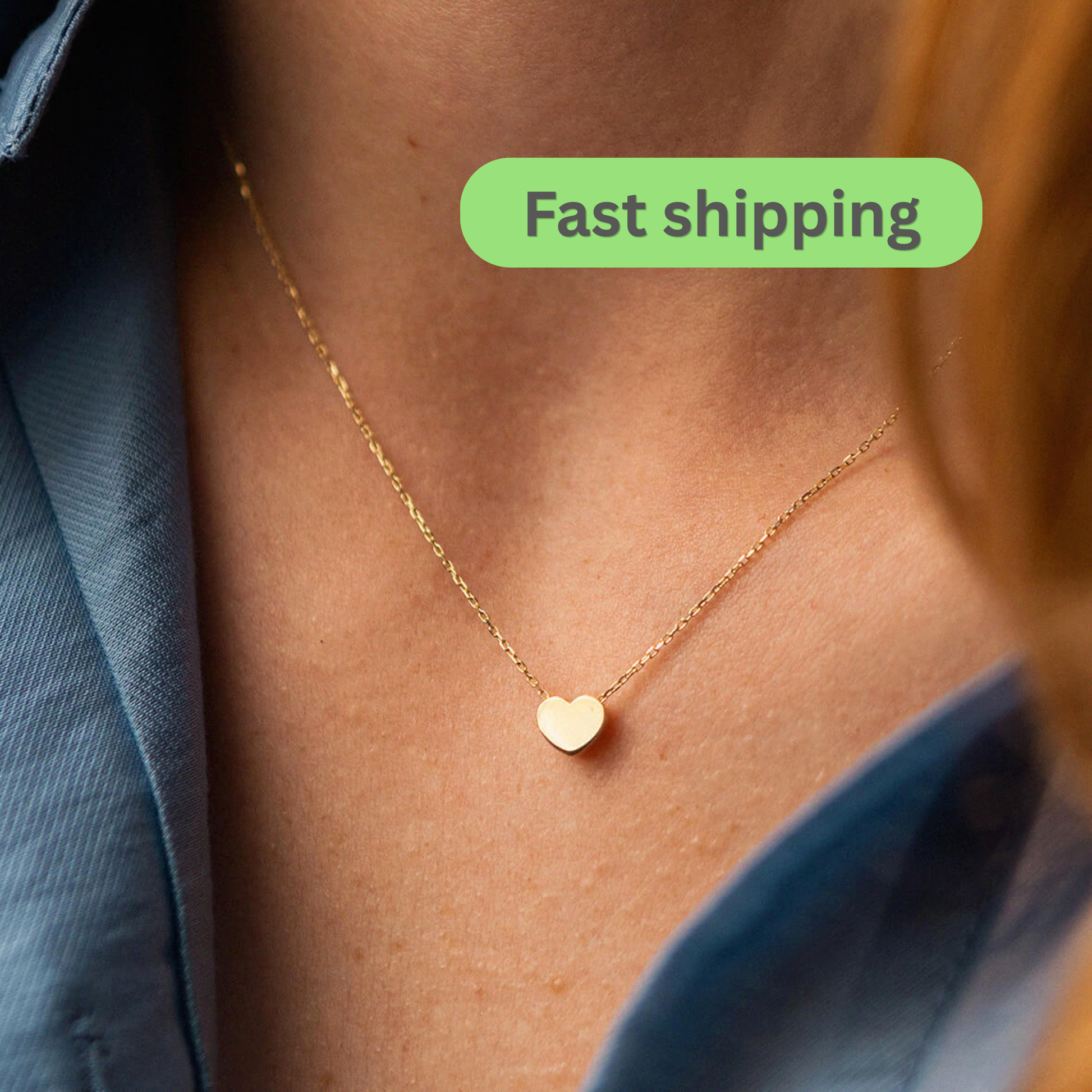 Gold necklace with a heart pendant worn by a person-gold Heart Necklace
-Delicate gold Necklace-Valentine’s Day gift