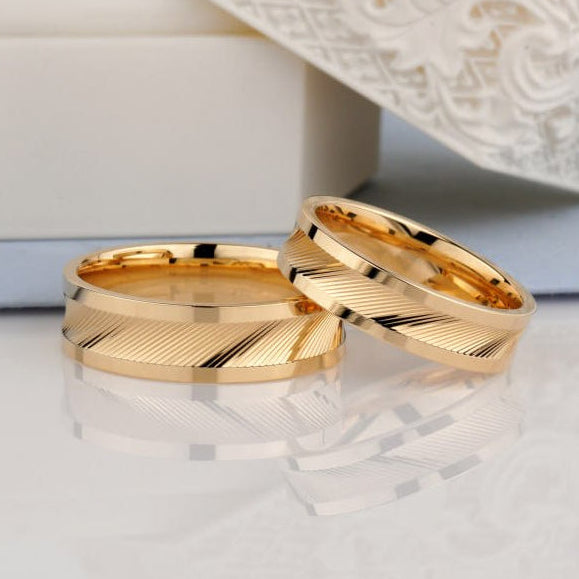 Two gold wedding rings with lace fabric- Contemporary Wedding Rings Set for Couples