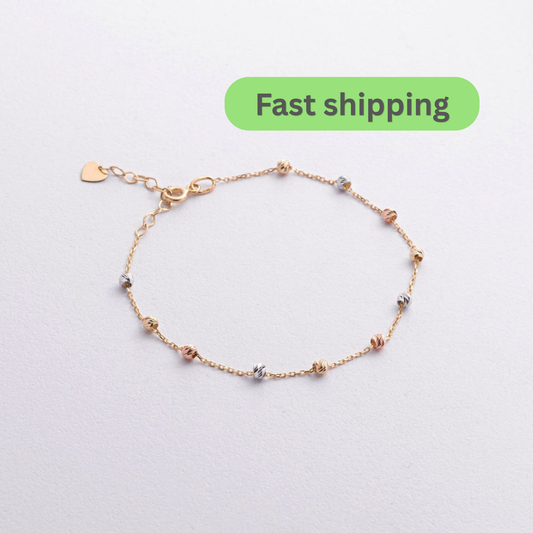 tri color gold bracelet-14k gold bead bracelet-three color gold bracelet-faceted bead gold bracelet-diamond cut bead bracelet