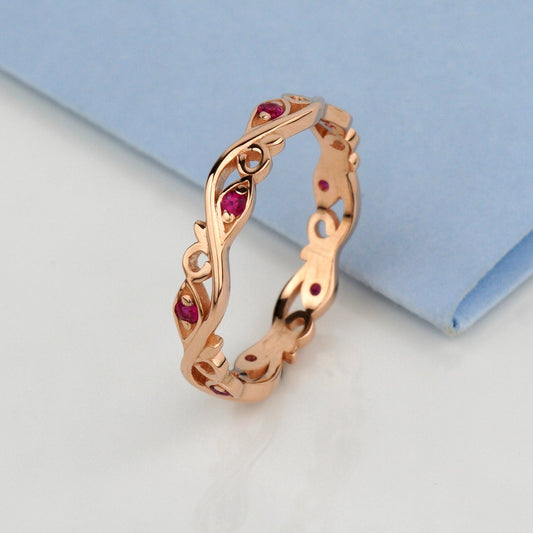 Rose gold ring with gemstones -Dainty floral band-thin wedding band