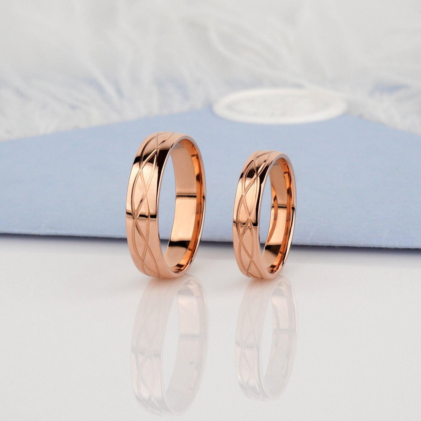 Two rose gold rings -Unique Rose Gold Wedding Rings for Couples -Men's ring width: 5 mm