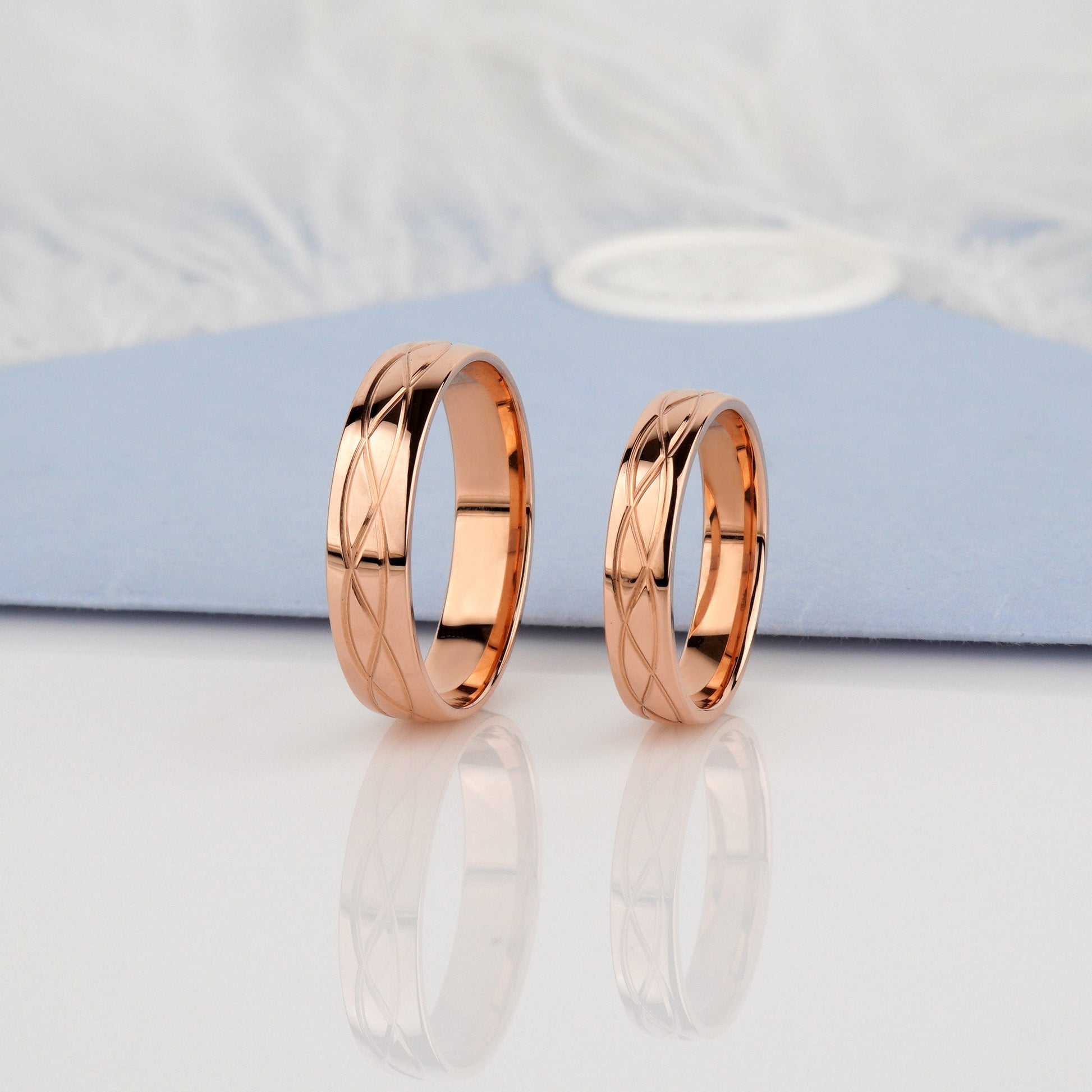 Two rose gold rings -Unique Rose Gold Wedding Rings for Couples -Men's ring width: 5 mm