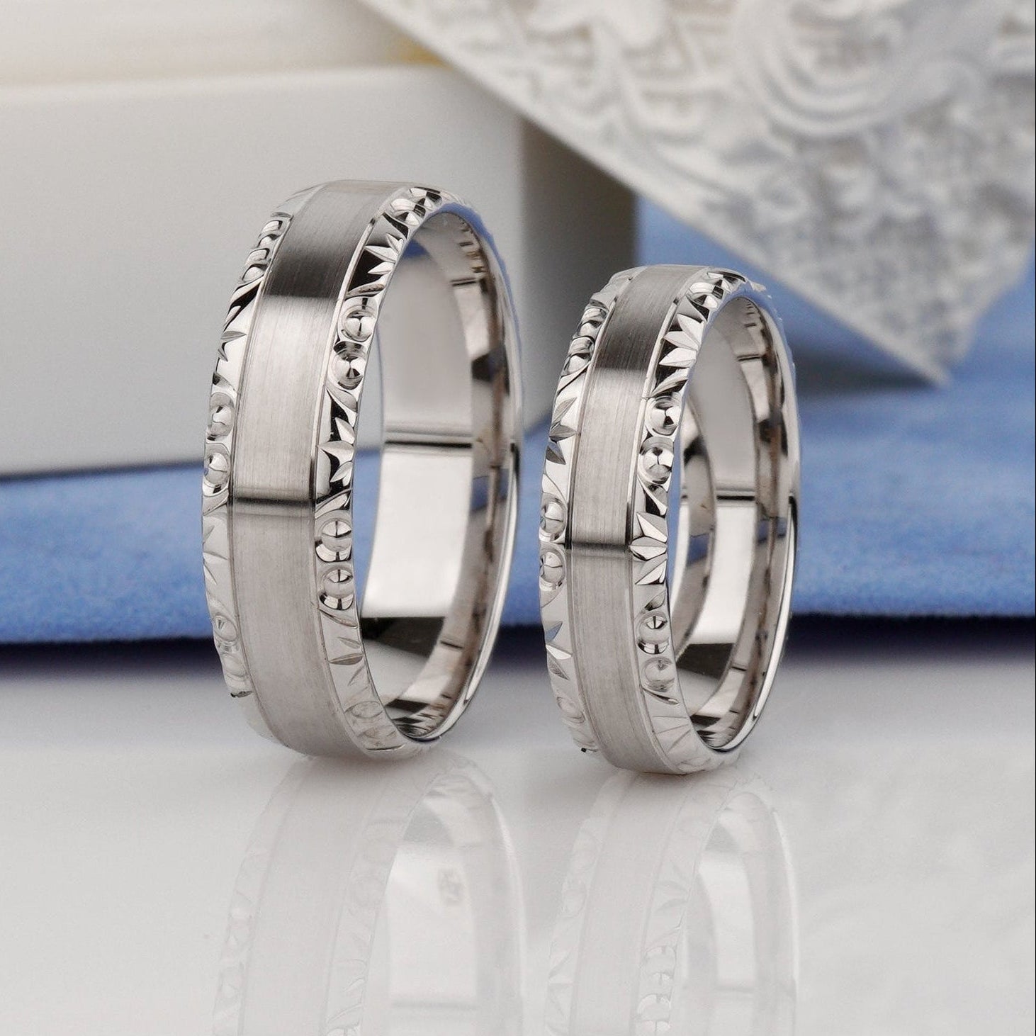 matte finish wedding rings-Wedding Rings with Diamond-Cut Bevel 