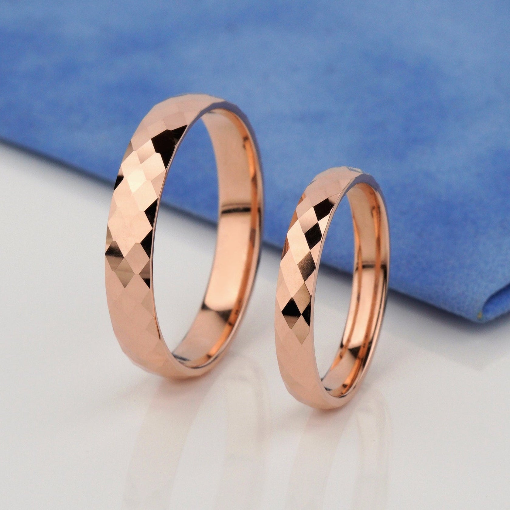 matching faceted wedding rings- rose gold diamond cut matching bands