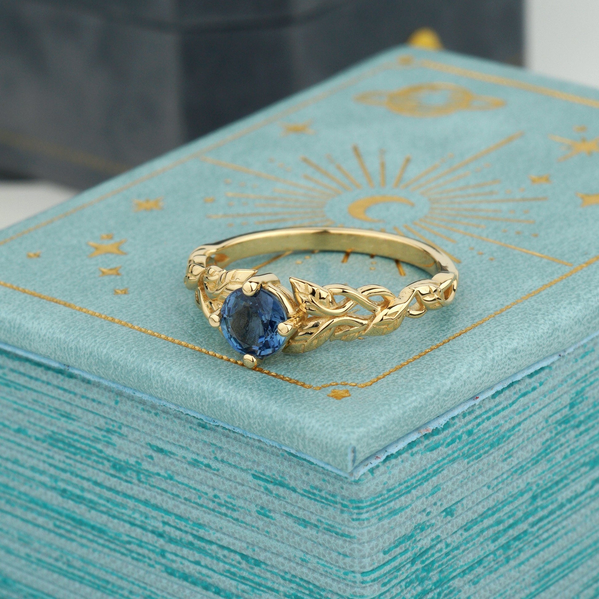 Nature inspired engagement ring- flowers and trailing vines-natural Blue sapphire 