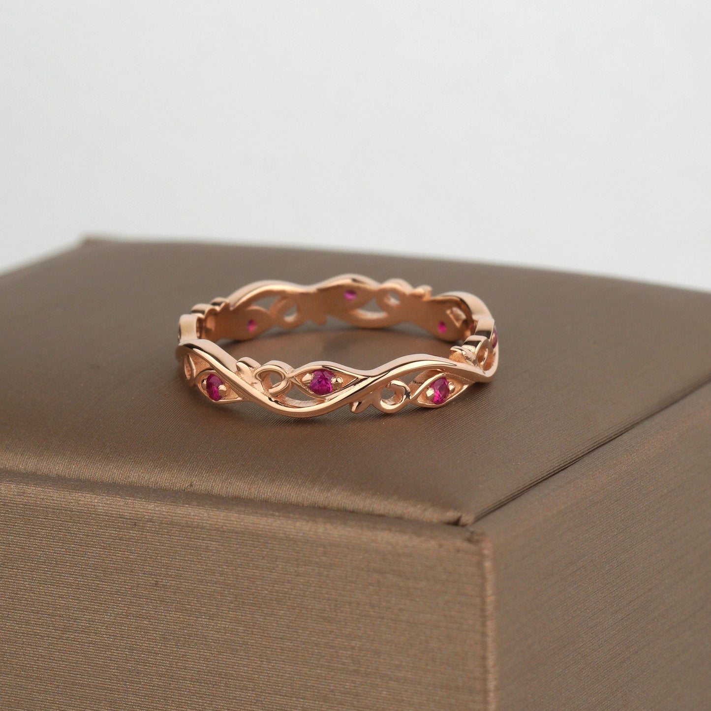 Rose gold ring with red gemstones-Dainty gold ring-July Birthstone Ring