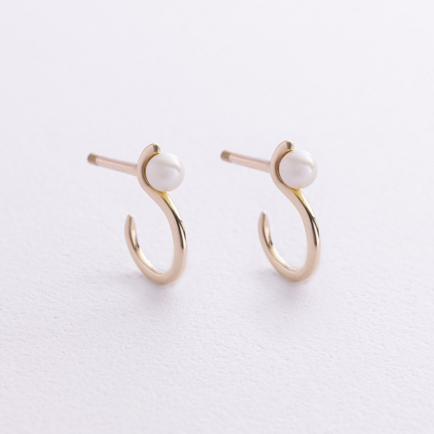 Gold hoop earrings with pearl-like beads -Size: 14 mm- 14k gold (rose or yellow)