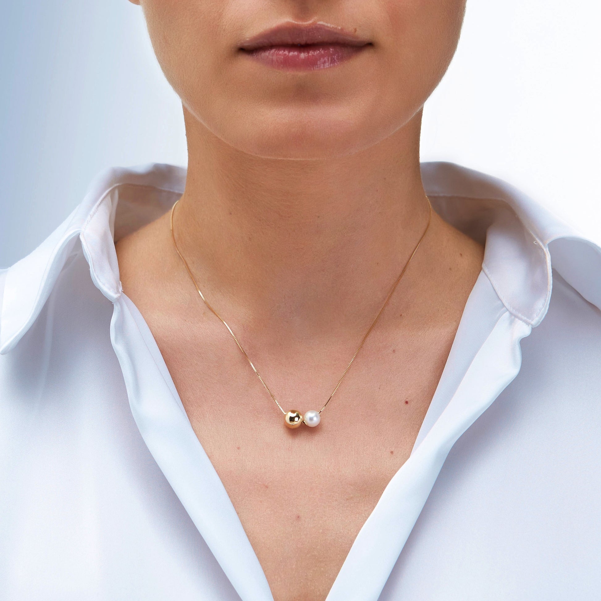 Necklace with two beads worn by a person -Weight: Approx. 2.2-2.3 g-romantic everyday jewelry.