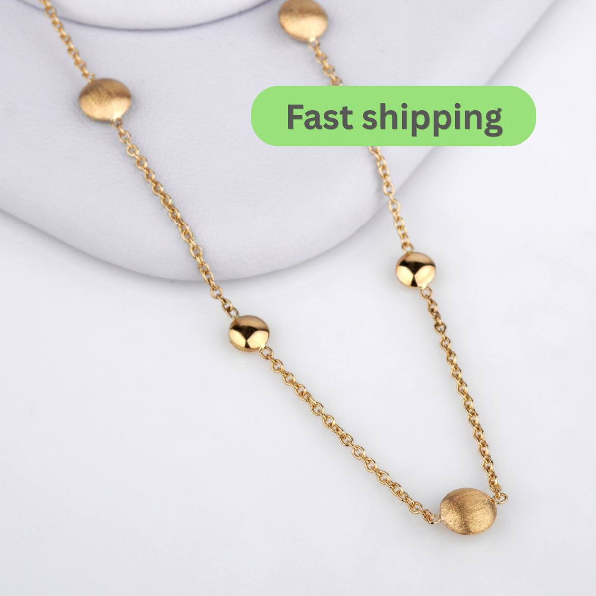 Metal: 14k Yellow Gold (585)
Style: Circle bead station chain
Length: 42 cm + 3 cm adjustable-Gold Beaded Chain Necklace