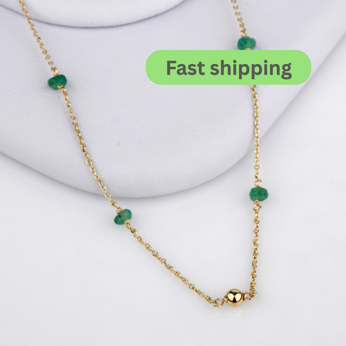 emerald necklace-gold bead necklace-14k gold necklace-natural emerald jewelry-Stones: Natural Emeralds-Length: 42 cm + 3 cm adjustable