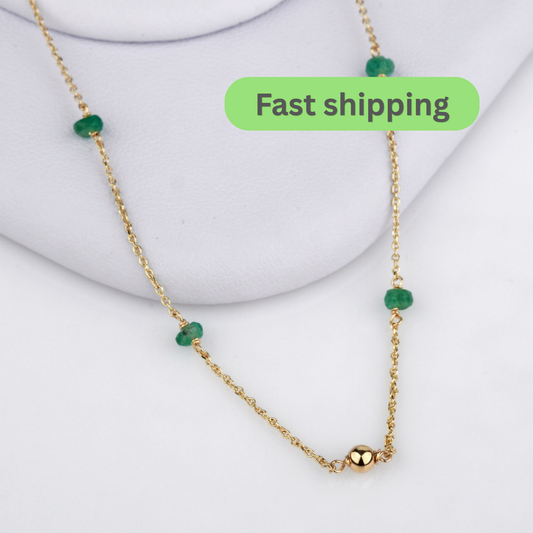 emerald necklace-gold bead necklace-14k gold necklace-natural emerald jewelry-Stones: Natural Emeralds-Length: 42 cm + 3 cm adjustable