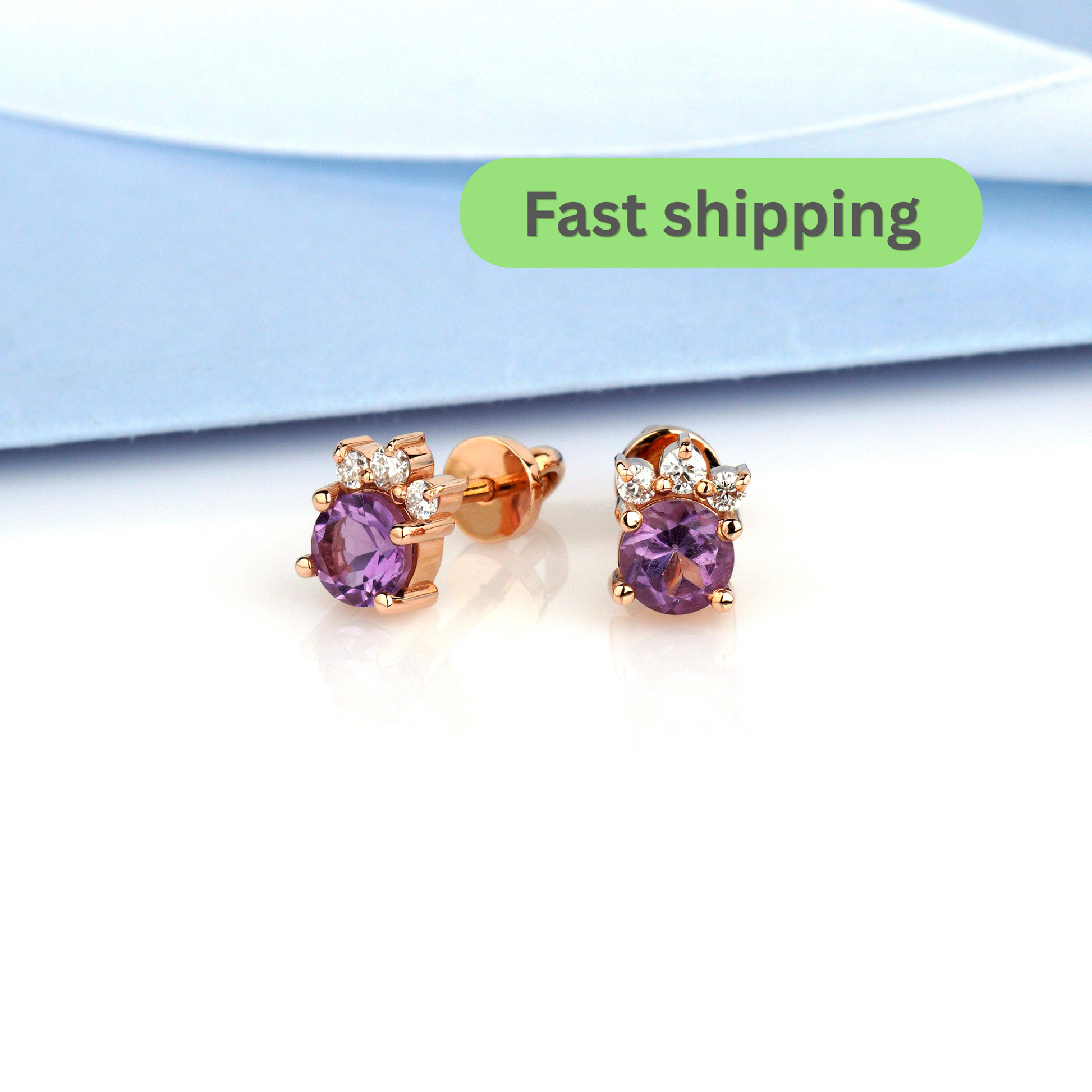 Rose gold stud earrings with oval purple gemstones and small clear accent stones- amethyst earrings- moissanite earrings- rose gold earrings-white gold earrings- 14k gold earrings