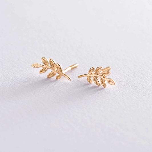 Pair of gold leaf-shaped earrings -Twig Stud Earrings-Simple Everyday Gold Earrings