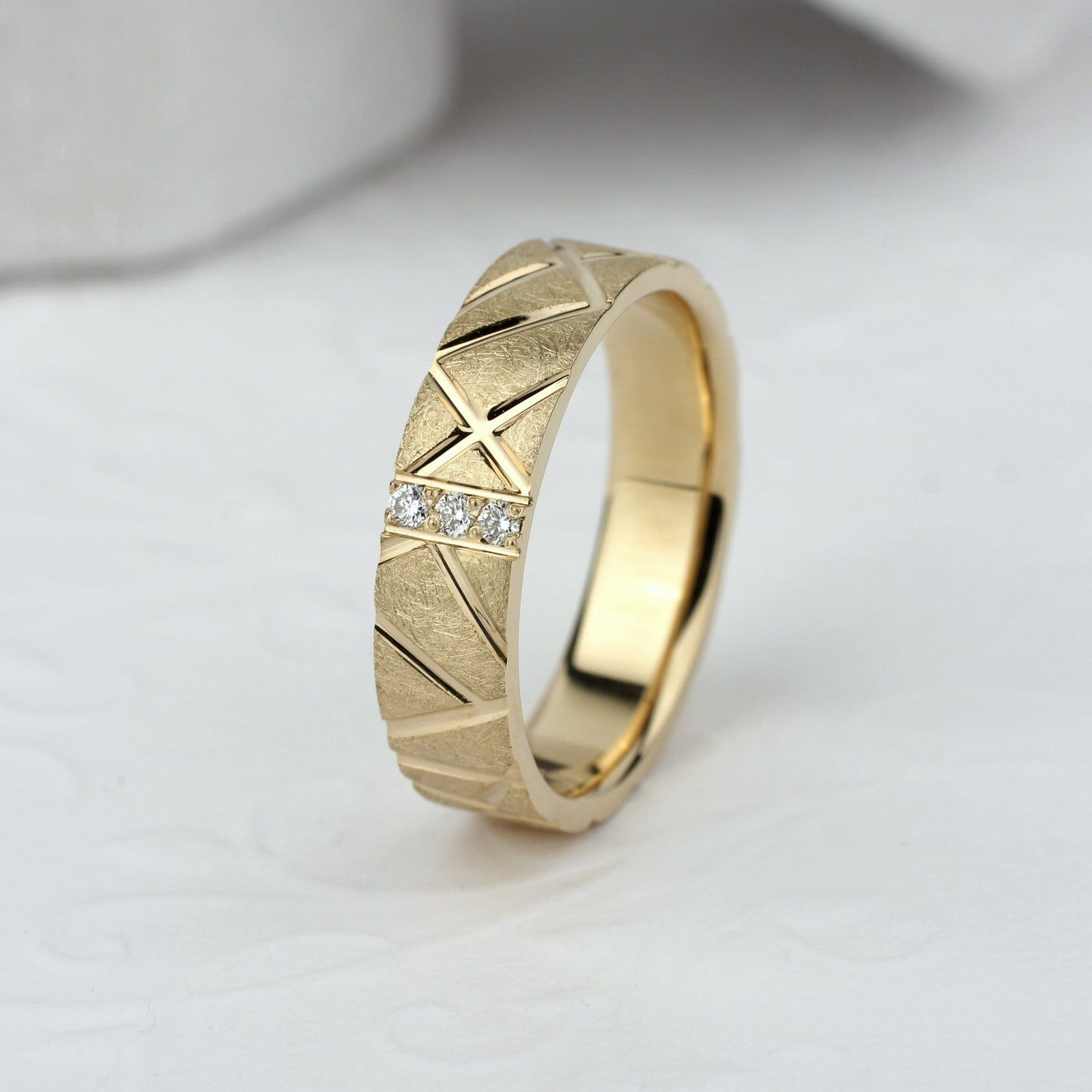 Gold ring with geometric design-womens diamond band-solid gold band with diamonds- top quality natural diamonds 0.045ct VVS2/F