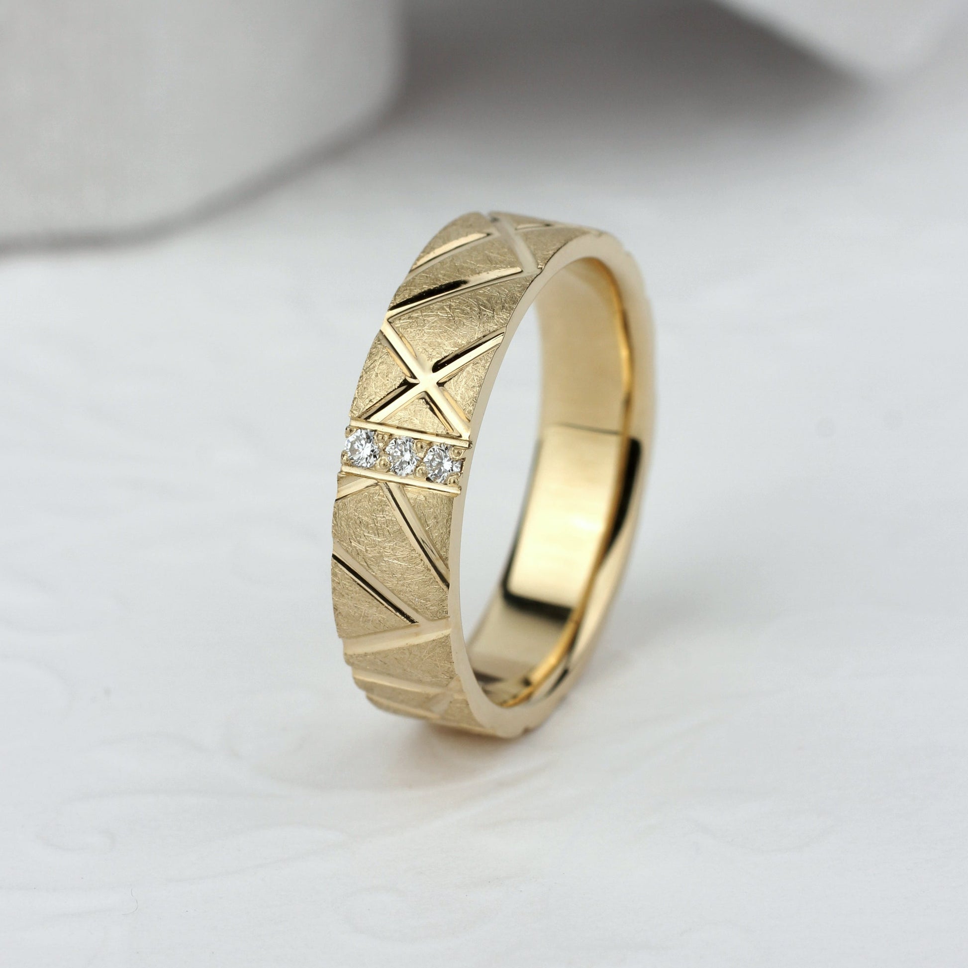 Gold ring with geometric design-womens diamond band-solid gold band with diamonds- top quality natural diamonds 0.045ct VVS2/F