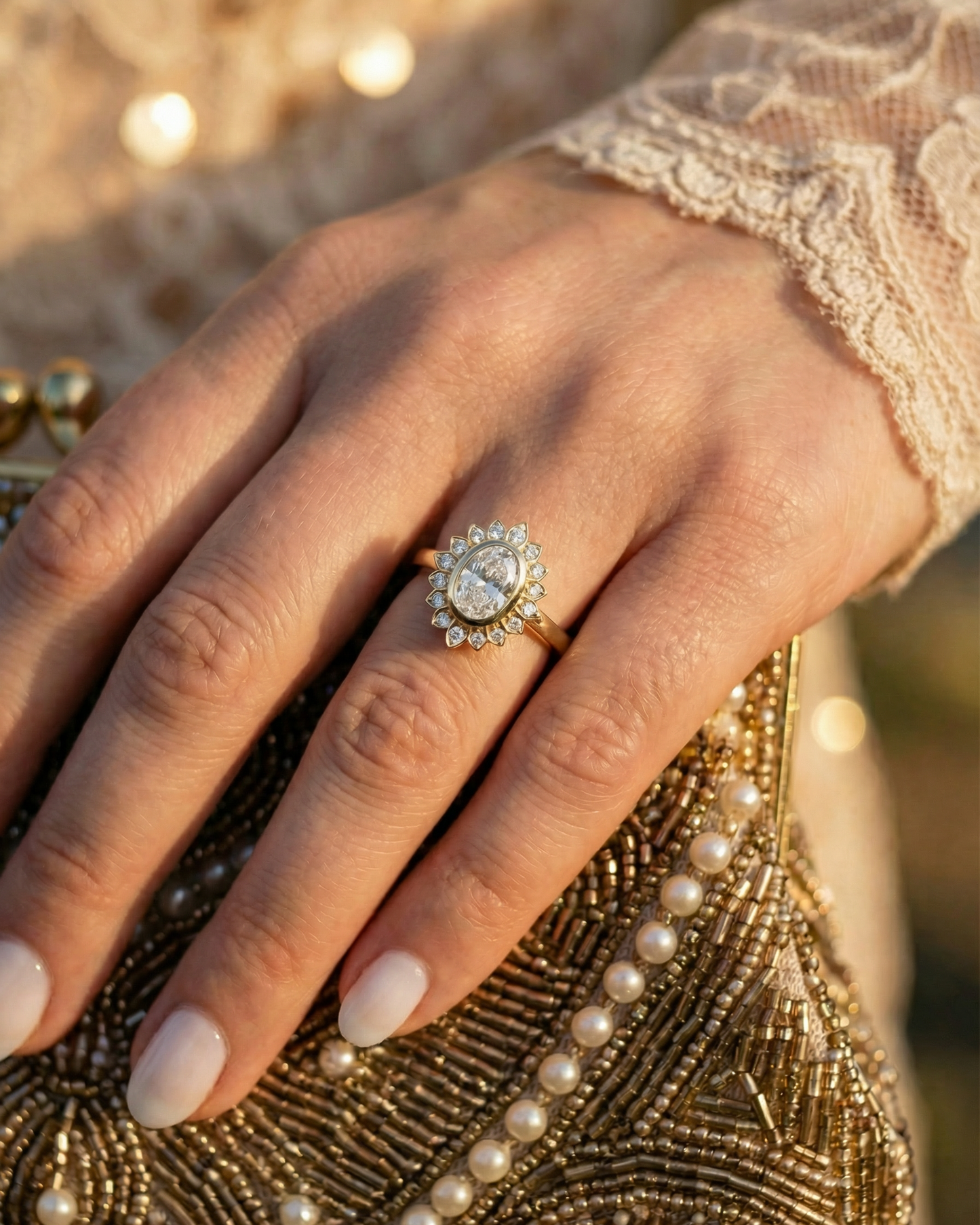 Close-up of a hand wearing a diamond ring -vintage inspired diamond ring-unique engagement ring