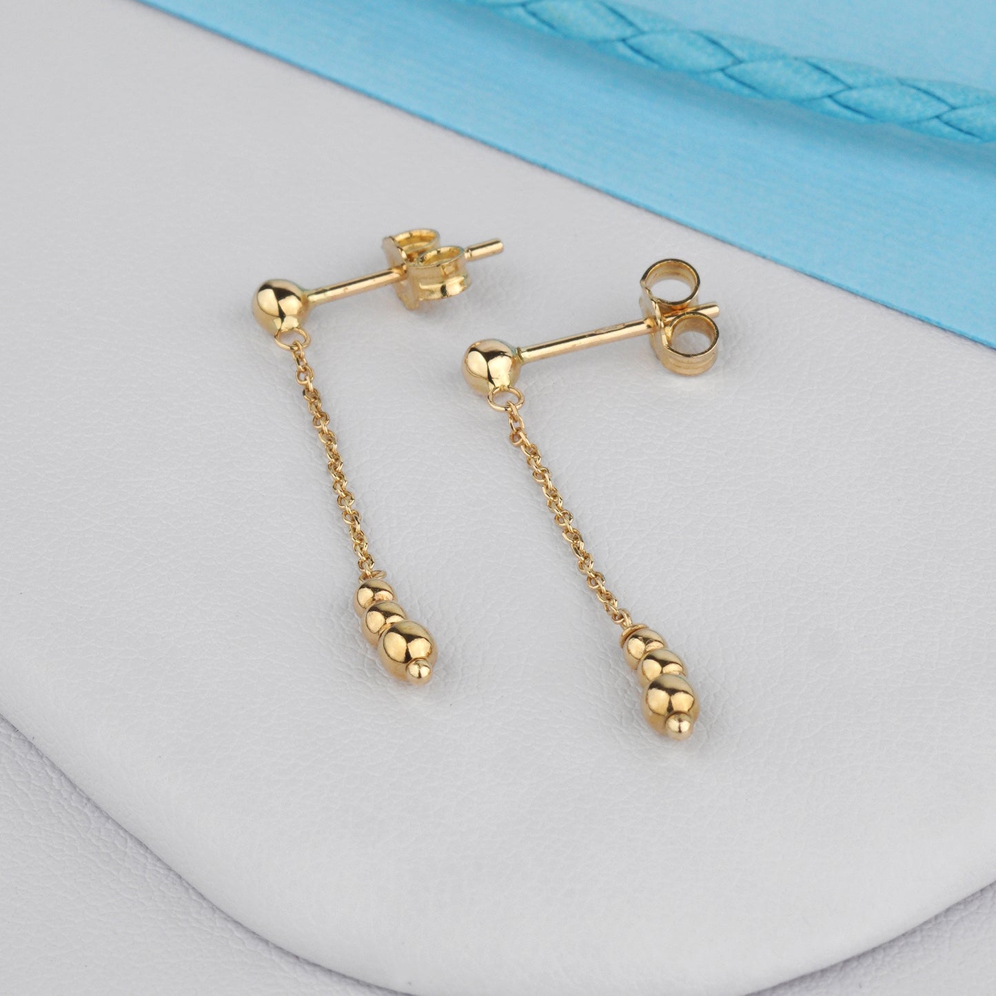 Gold earrings with chain and spherical beads-Finish: High polish-Earring size: 27 mm