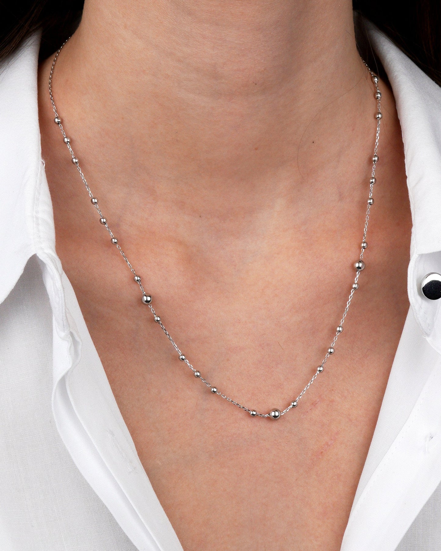 White gold beaded necklace on a person-Weight: 2.6–2.7 g-Material: 14k solid white gold 