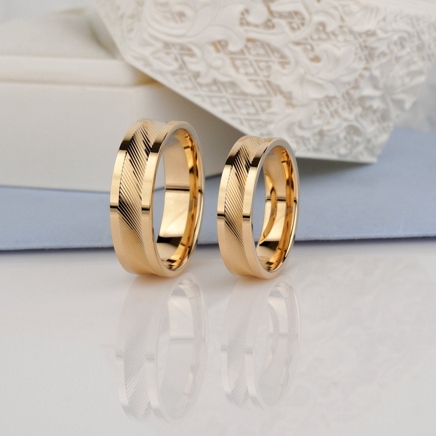 Two gold rings -Contemporary Wedding Rings Set for Couples-engraved wedding rings