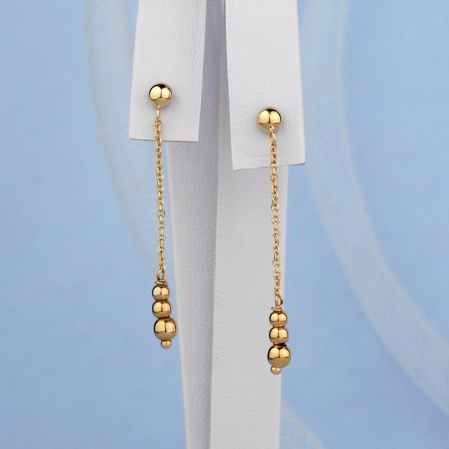 Gold chain earrings with spherical beads -minimalist earrings- classic stud top with a fine gold chain