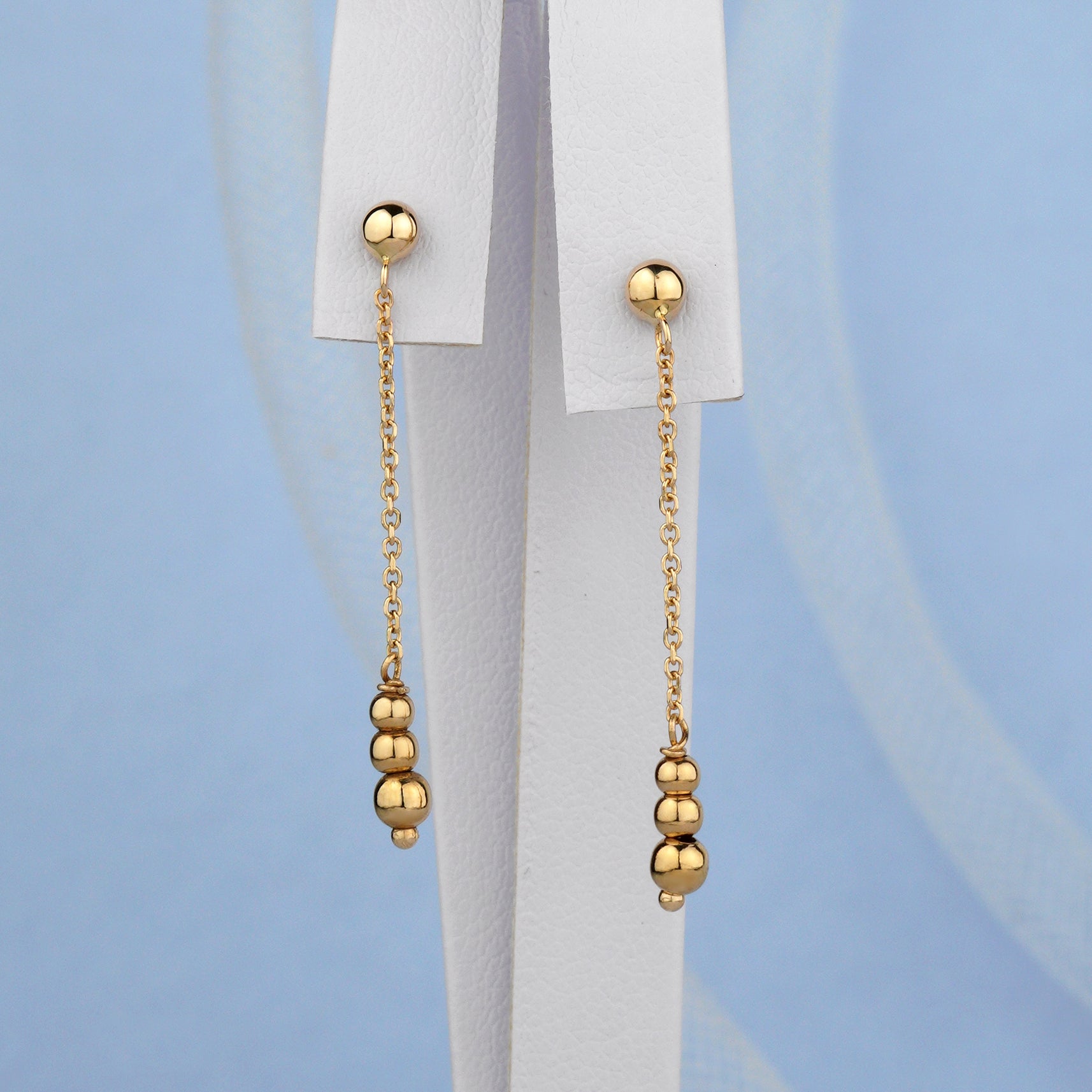 Gold chain earrings with spherical beads -minimalist earrings- classic stud top with a fine gold chain