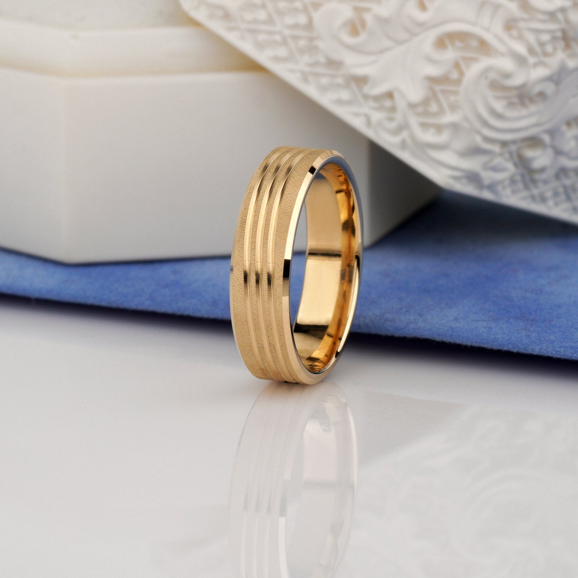Gold Matte Wedding Bands with Wave Design-Men's ring width: 5 mm