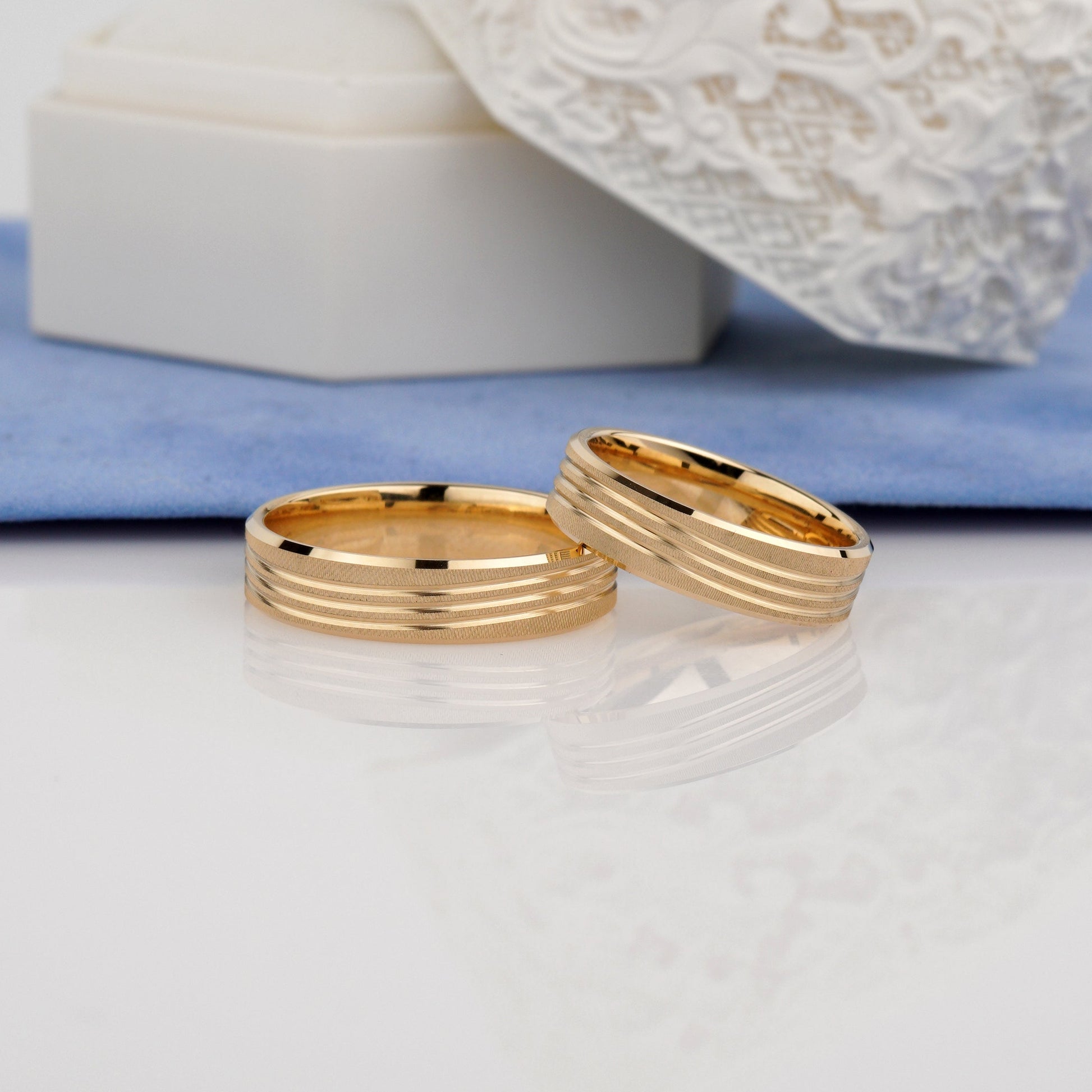 Two gold rings -wave wedding rings-unique wedding rings-elegant matte bands