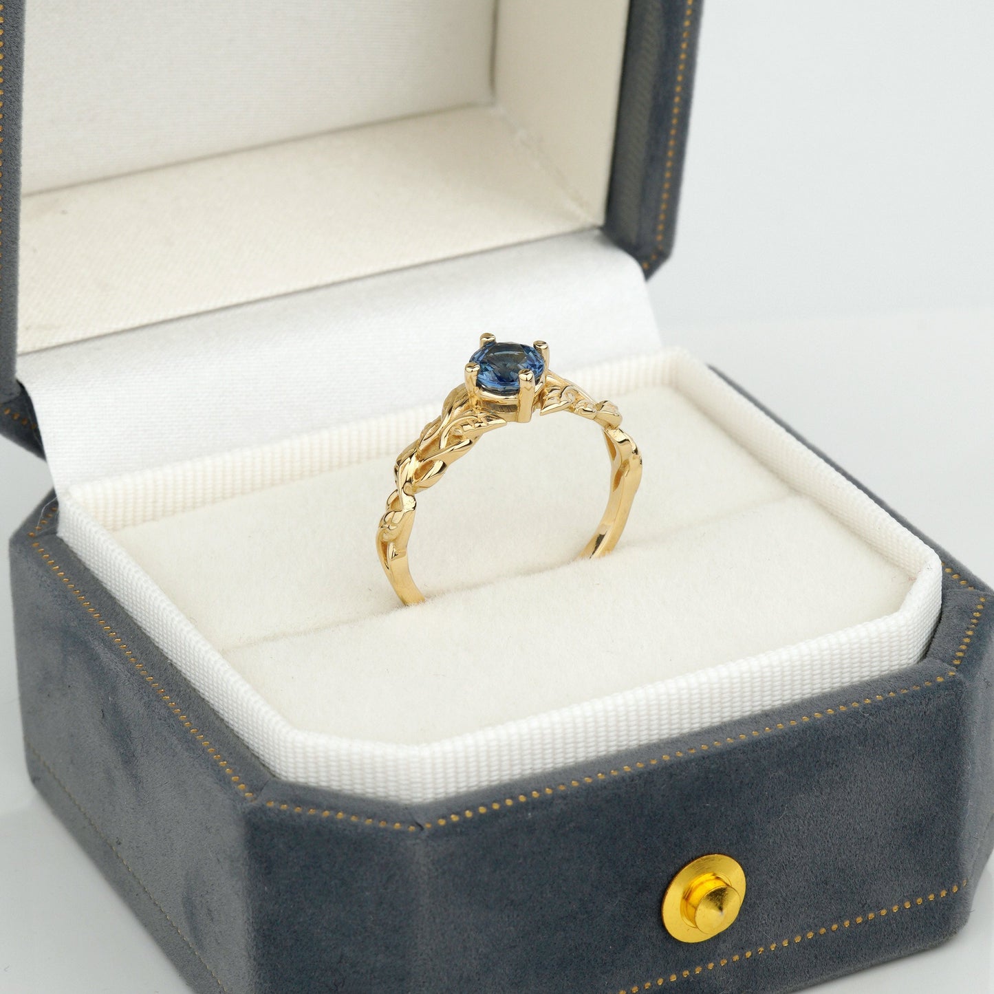 14k solid gold ring with  natural Blue sapphire 0.9-1 ct-hand-detailed band-Unique Engagement ring
