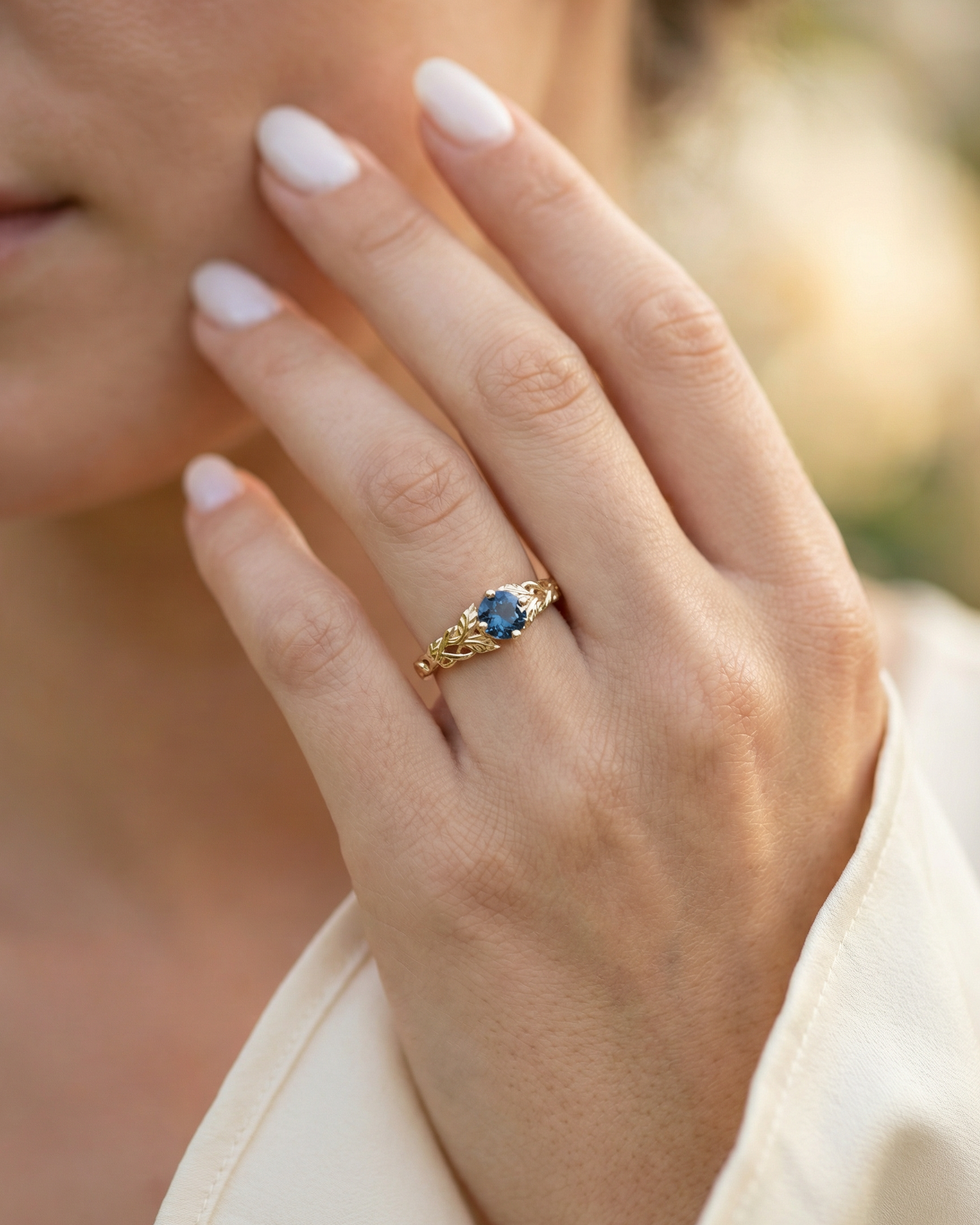  hand-detailed band- 14k  gold ring wraps a brilliant blue sapphire-Unique Blue sapphire ring on hand