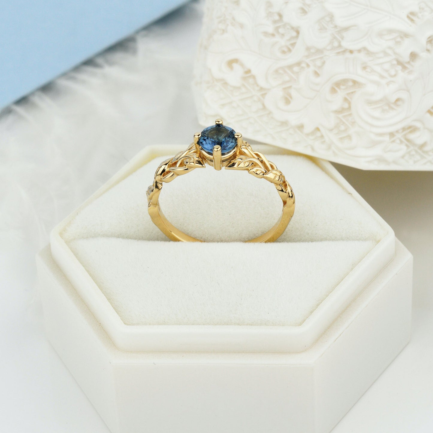 Unique Blue sapphire ring-Nature inspired engagement ring