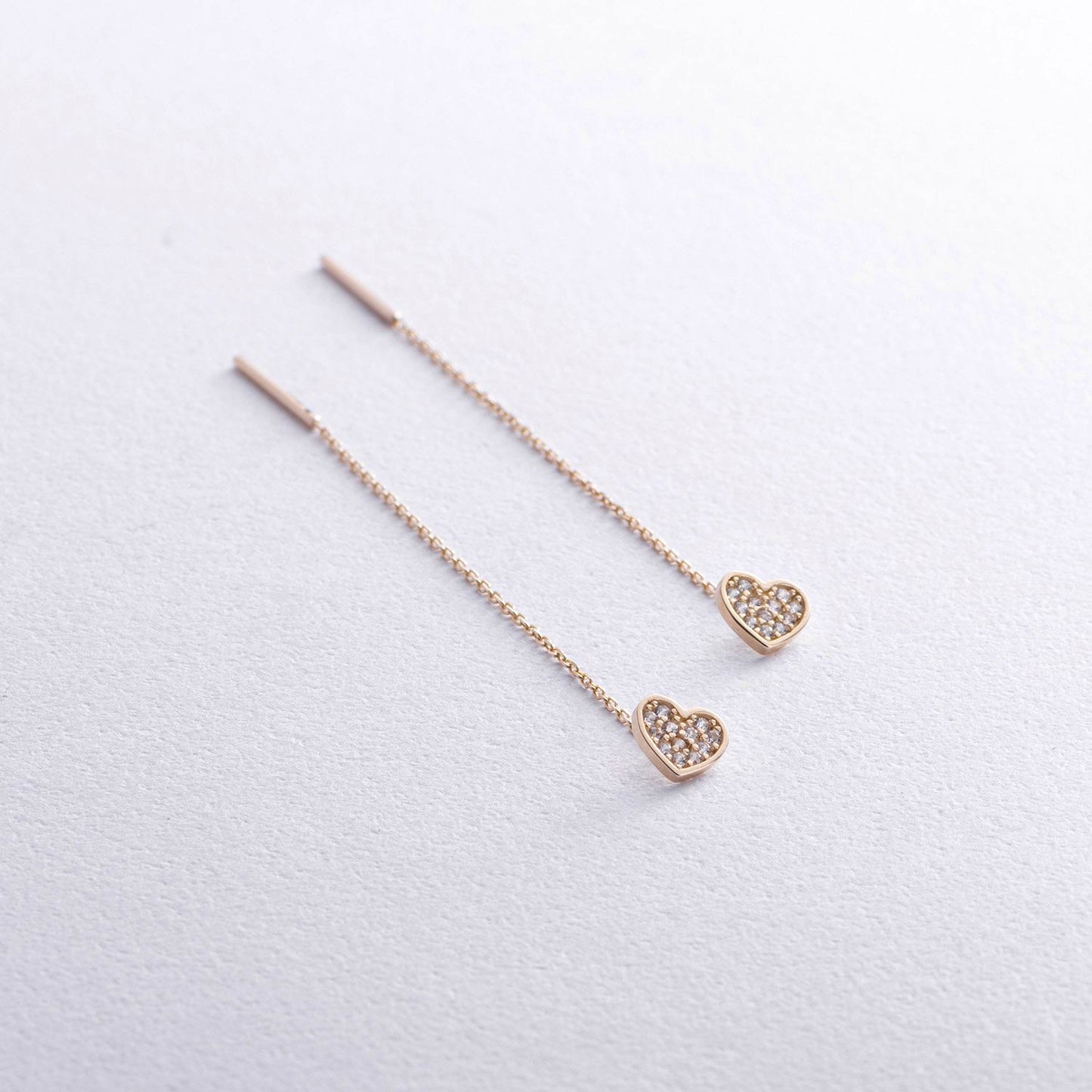  heart-shaped earrings - heart drop threader earrings- Solid Gold threader earrings-Heart gold earrings