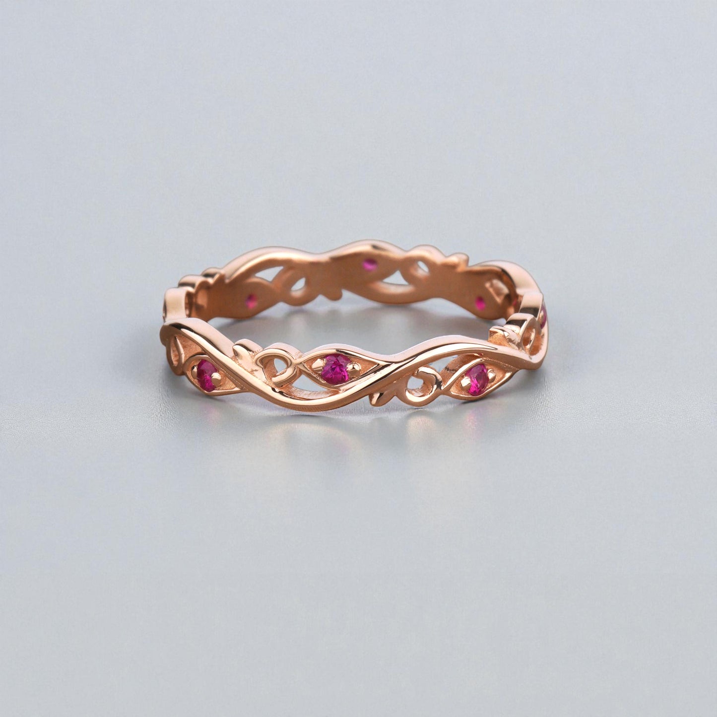 Rose gold ring with embedded gemstones -thin wedding band-Ruby Wedding band