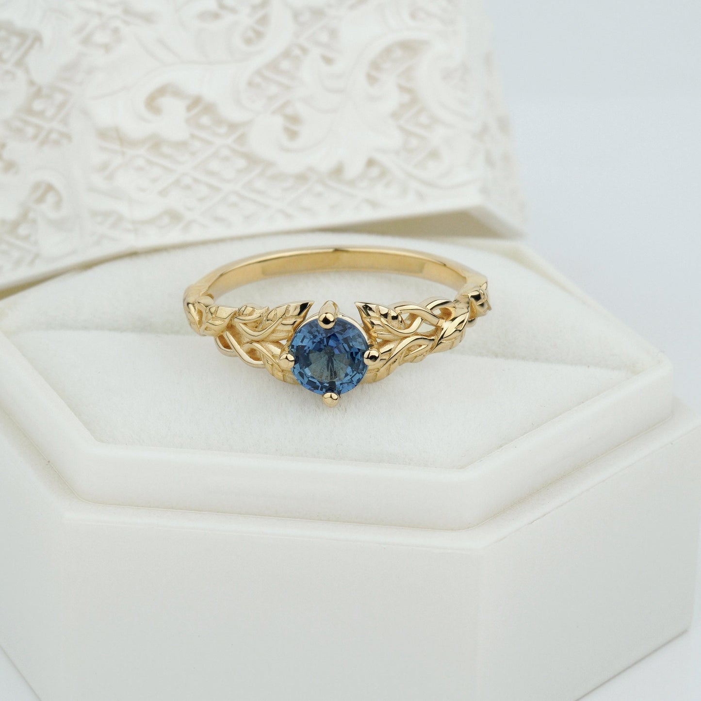 Unique Engagement ring- natural Blue sapphire 0.9-1 ct-hand-detailed band of flowers and trailing vines