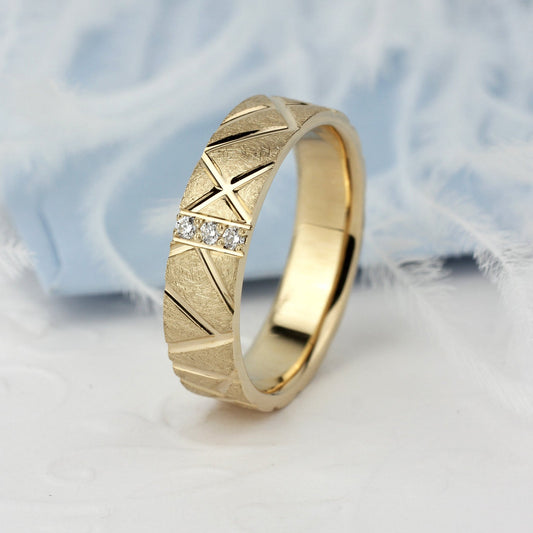Gold ring with geometric design and diamond -Unique women's wedding band-matte wedding band