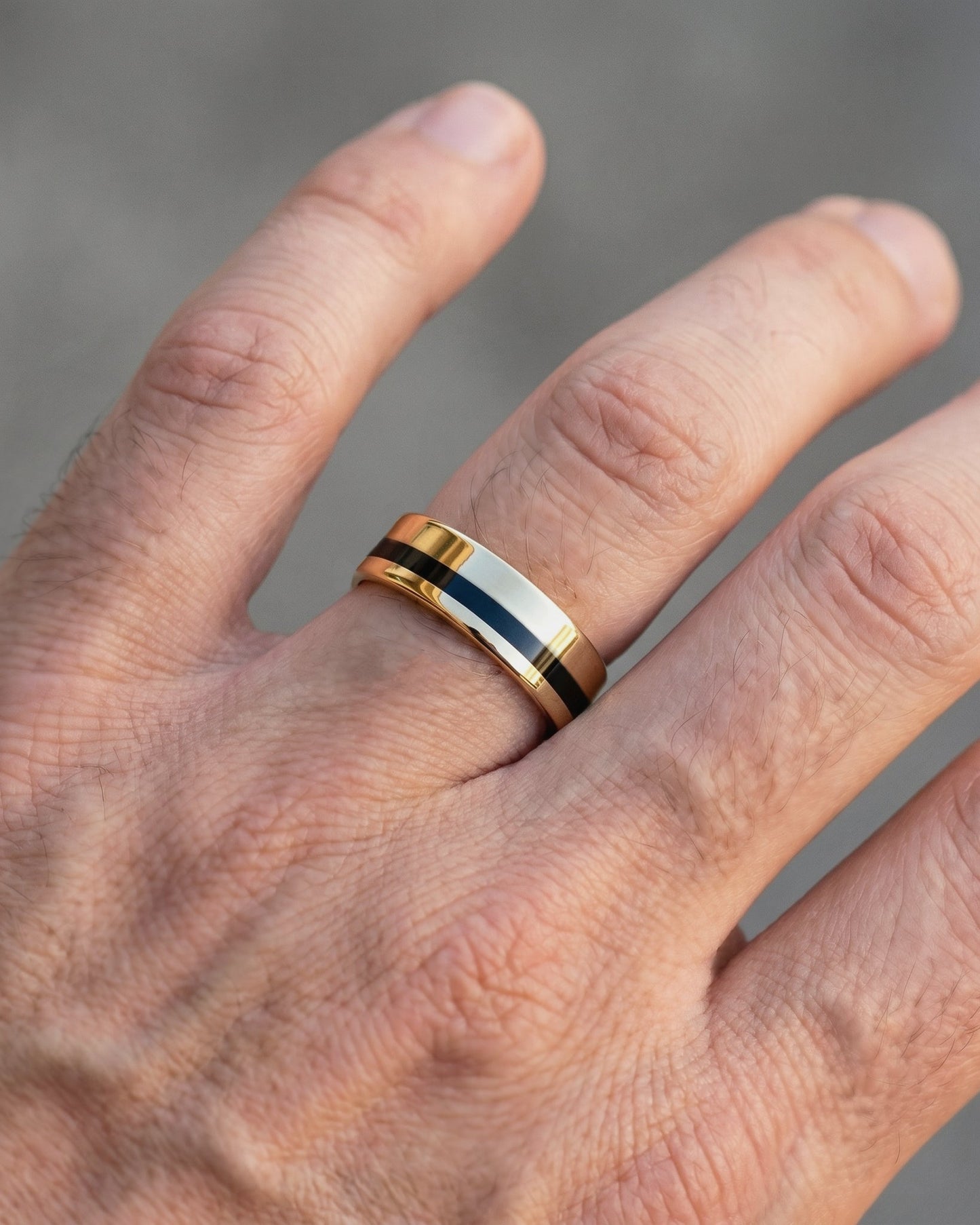 14k gold band with black enamel on hand -black and gold men ring - gold and black enamel band - escorialjewelry