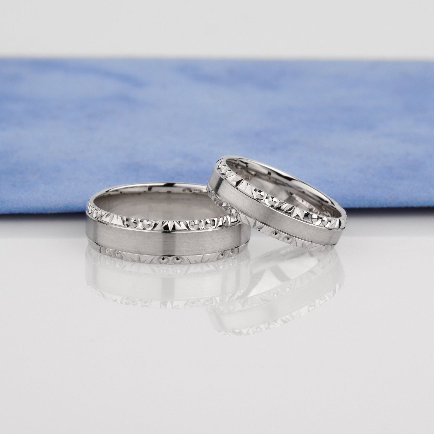 Two silver rings with diamond accents -matte finish wedding ring- elegant wedding bands