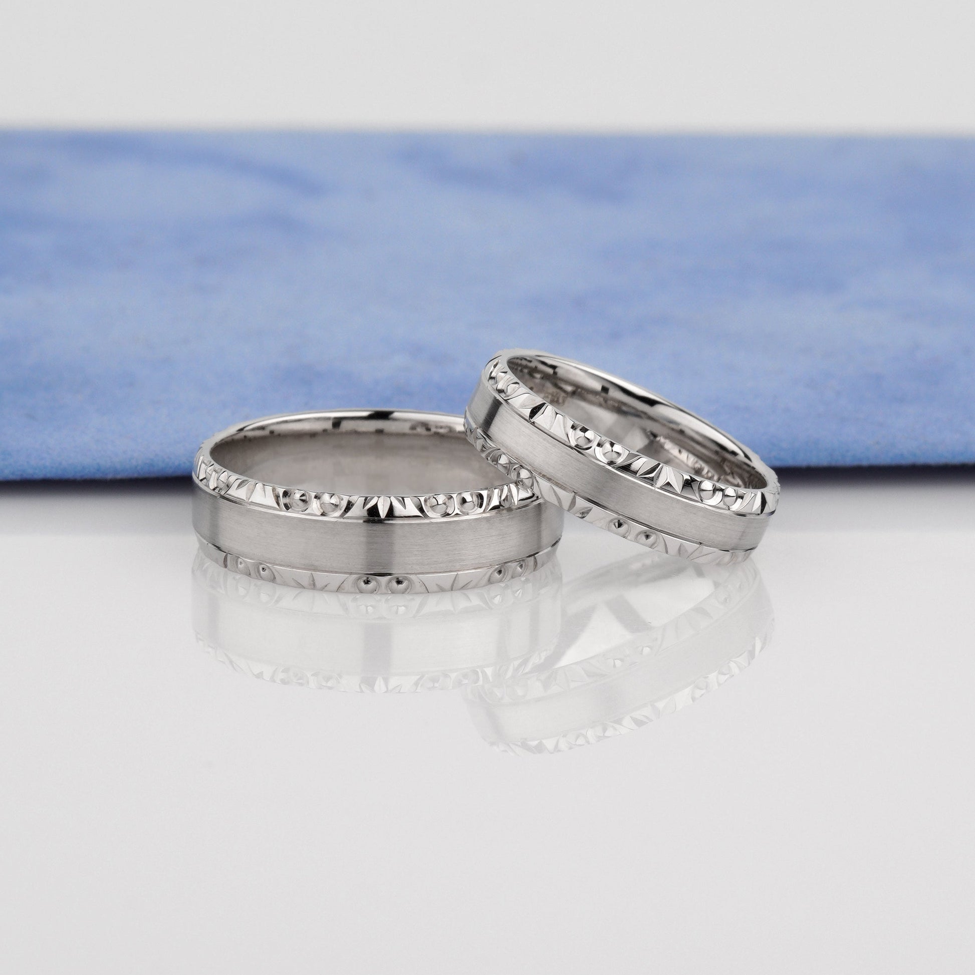 Two silver rings with diamond accents -matte finish wedding ring- elegant wedding bands