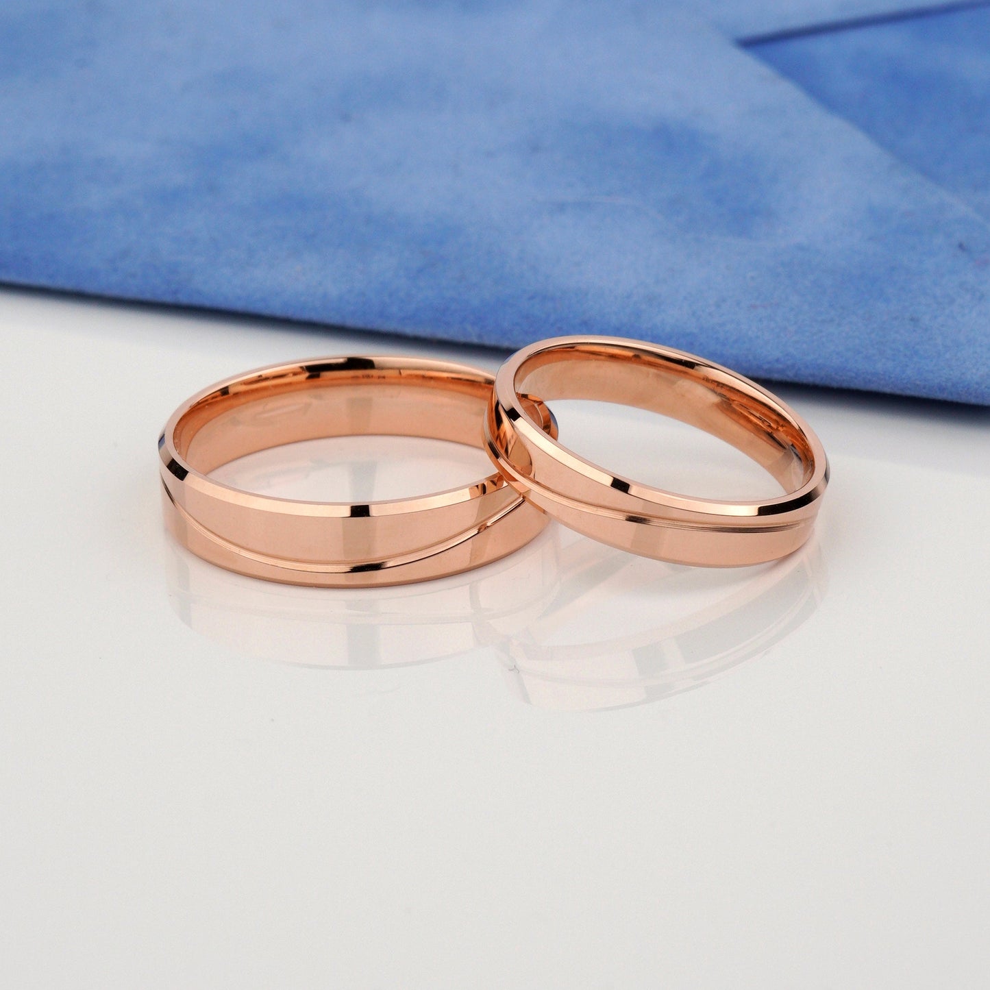 matching minimalist wedding ring set- polished finish with subtle center- 14k rose gold