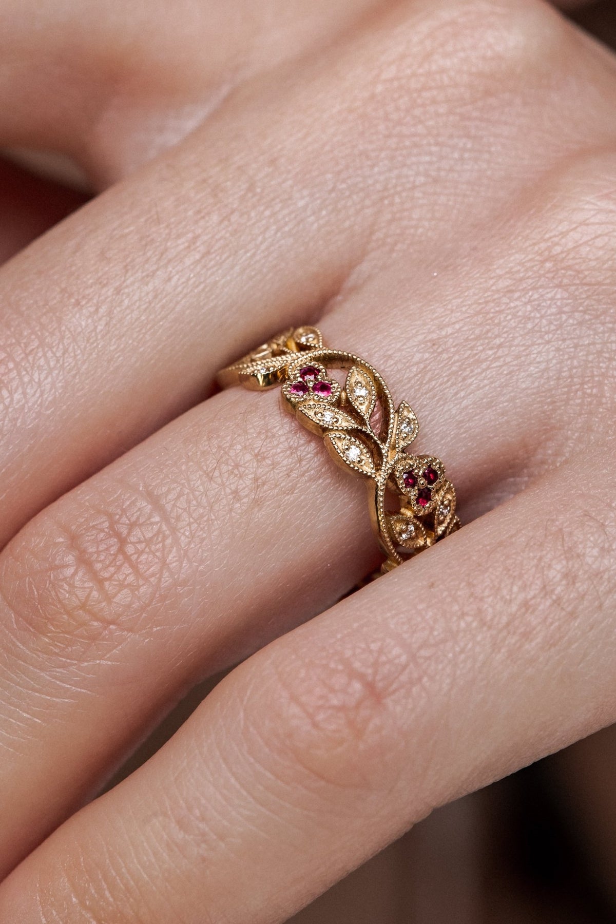 Floral ring with rubies and diamonds - wedding rings 14k gold ring boho Floral ring with rubies and diamonds - wedding rings 14k gold ring boho