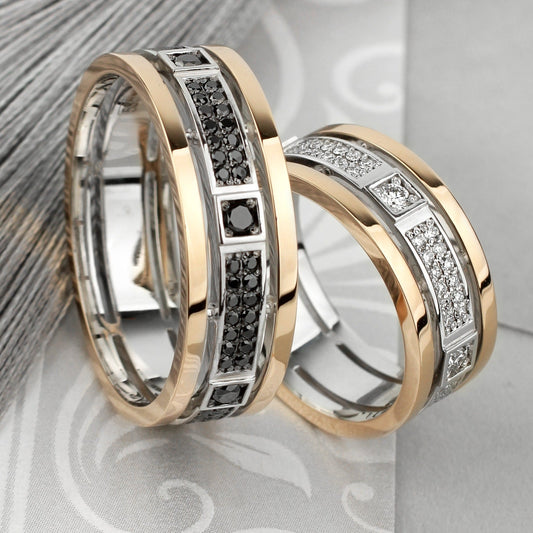 Gold wedding bands with black and white diamonds - escorialjewelry