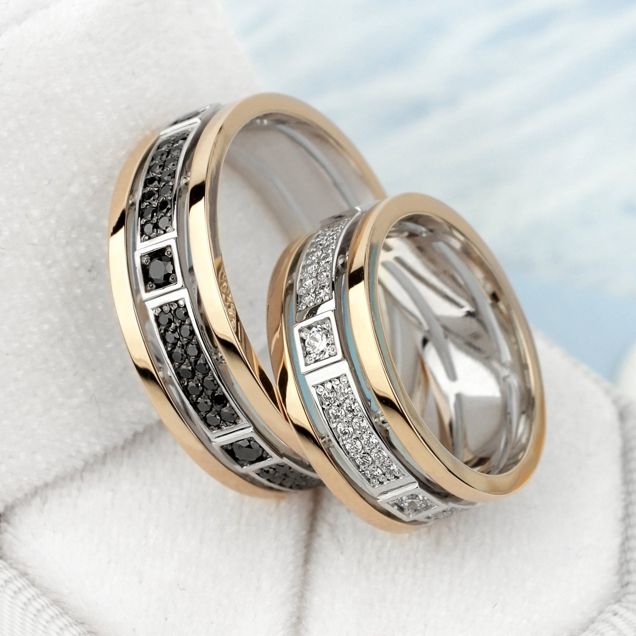 gold-wedding-bands-with-black-and-white-