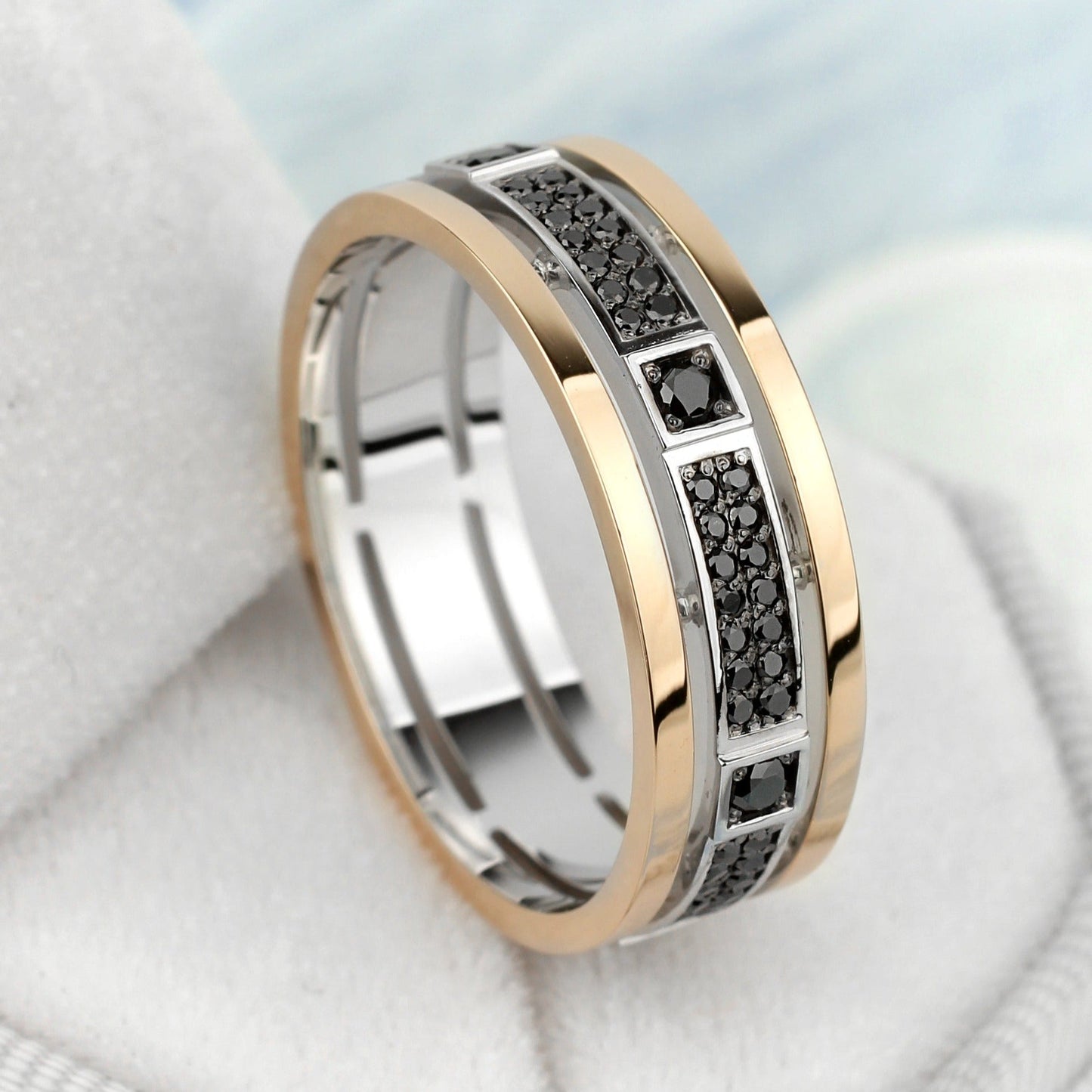 Gold wedding bands with black and white diamonds - black diamond rings - black diamonds wedding bands - couple rings - escorialjewelry