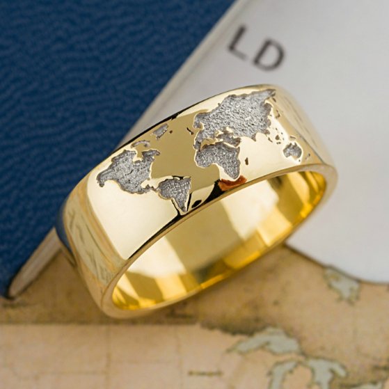 Gold wedding rings set with world map - escorialjewelry