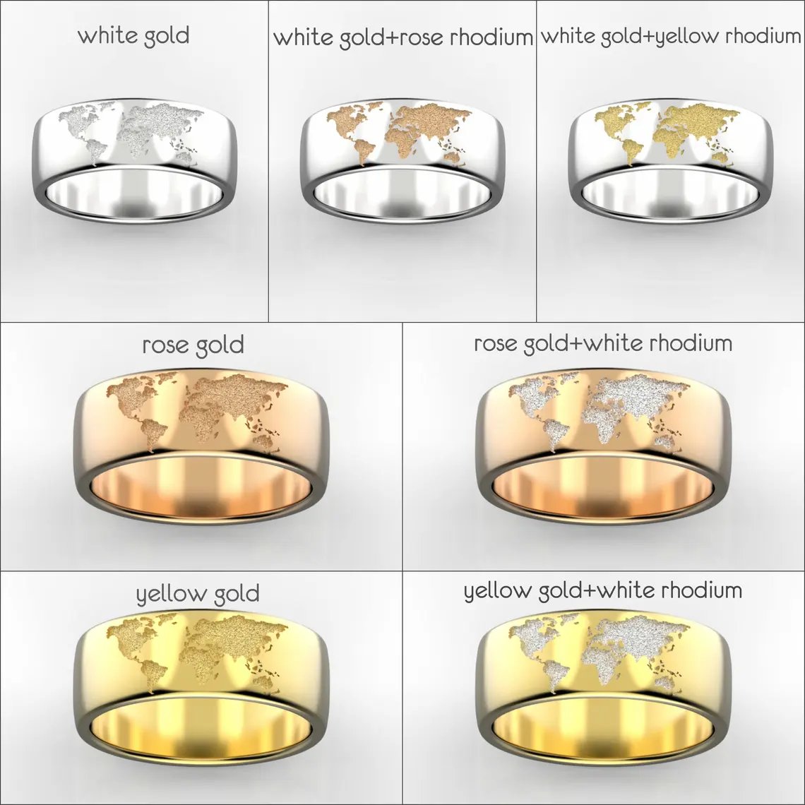 Gold wedding rings set with world map - escorialjewelry